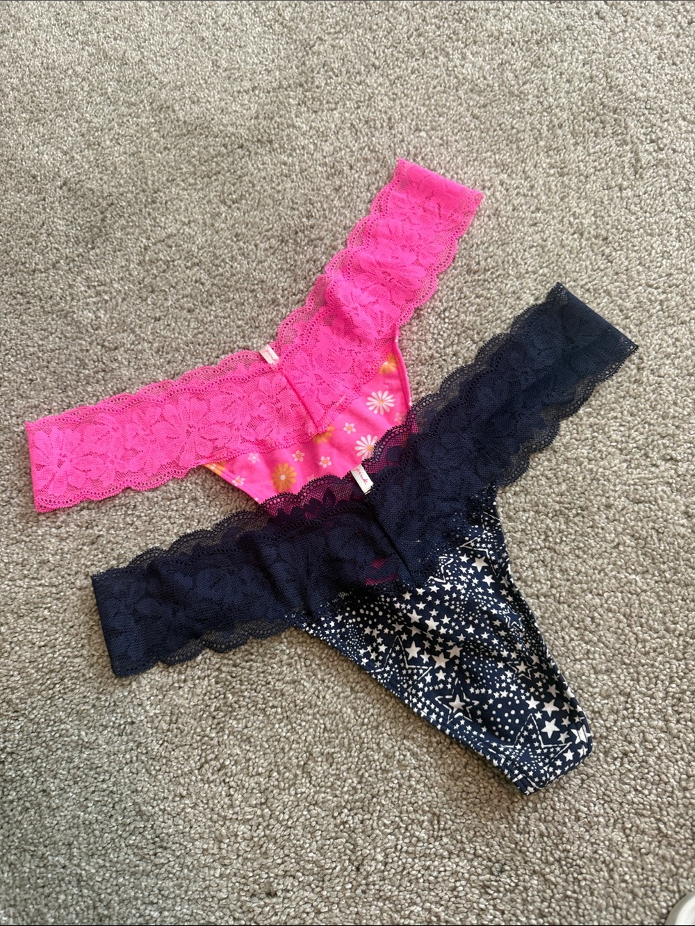Victoria's Secret Lace-Trim Thong Set — Hot Pink & Navy Star